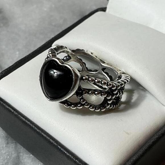 Pandora ALE 925 Mi Amor Black Onyx Heart Sterling Silver Band Ring Sz. 8